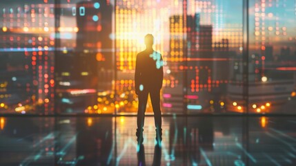 Fototapete - A man stands in front of a window looking out at the city. The image is a digital rendering of a cityscape with a man standing in the foreground