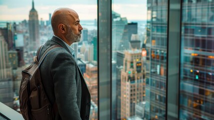 Poster - A man wearing a gray jacket and a backpack is looking out of a window at the city. Concept of loneliness and contemplation, as the man stands alone in the bustling city
