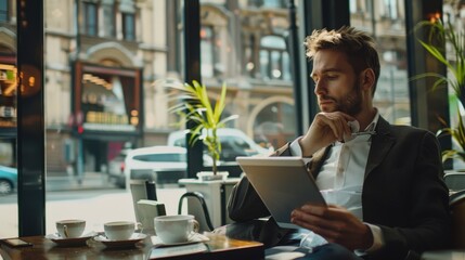 Fototapete - A man is sitting at a table in a cafe, reading a tablet. The scene is set in a busy city street with cars and a potted plant in the background. The man is focused on his tablet