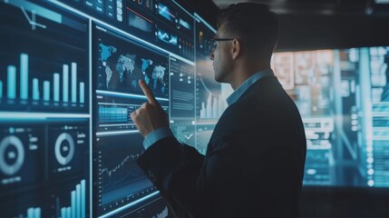 Fototapete - A man in a suit is pointing at a computer screen with a finger. The screen displays a variety of graphs and charts, and the man is focused on one in particular. Scene is serious and focused