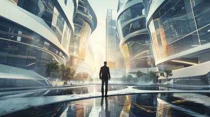 Fototapete - A man is walking in front of a tall building in a city. The image has a futuristic feel to it, with the tall buildings and the man's suit. The man is lost in thought