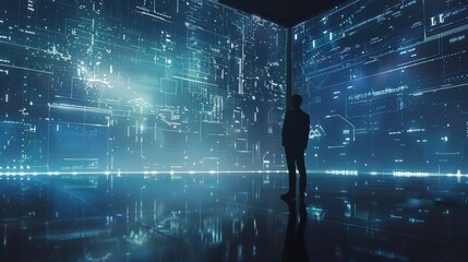 Poster - A man stands in front of a large screen with a blue background. The man is looking at the screen, and the image has a futuristic and technological feel to it
