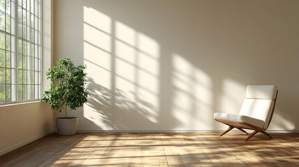 Canvas Print - A serene room with a chair and a plant, illuminated by sunlight.