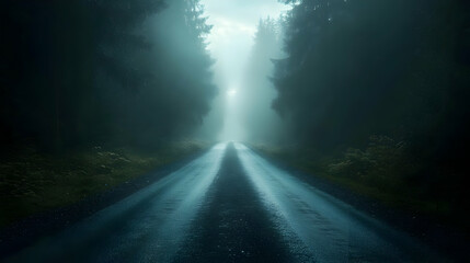 Poster - A misty road through a forest, evoking a sense of mystery.