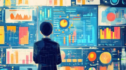 Fototapete - A man is looking at a computer monitor with many different graphs and charts
