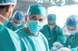© feeling lucky - A focused surgeon in scrubs and mask working alongside a team in a modern operating room during a complex procedure.