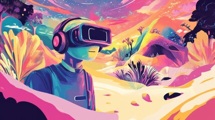 Aufkleber - A man in a VR headset is standing in a desert