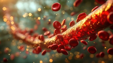 Wall Mural - detailed 3d illustration of red blood cells flowing through a vein in a human body with glowing part