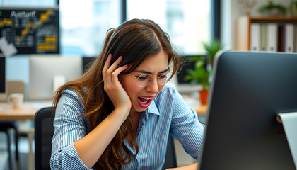 Overworked young woman, bored and yawning at the office, fighting sleepiness with hand over her mouth