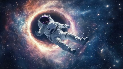 Poster - An astronaut floats weightlessly near a swirling wormhole surrounded by vibrant stars and distant nebulae in the vastness of space