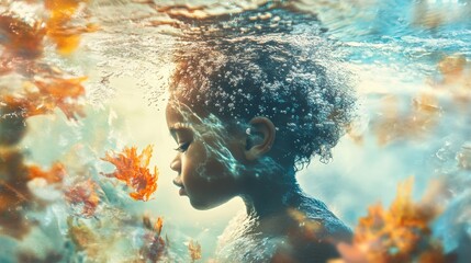 Aufkleber - A child with the ability to control water, surrounded by aquatic creatures in a tranquil underwater world during a sunlit moment