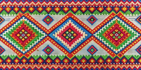 Colorful ethnic folk geometric pattern embroidery on fabric, embroidery, traditional, ethnic, textile, fabric, colorful