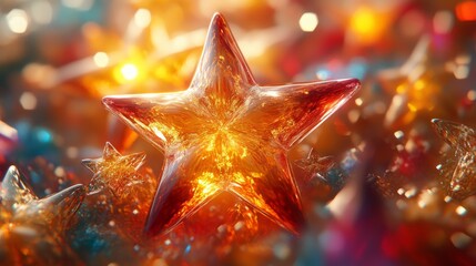 Glowing glass star among colorful decorations