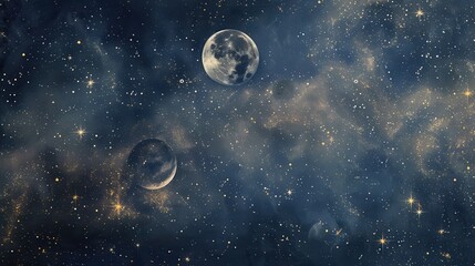 Poster - Stunning celestial wallpaper featuring vibrant stars and moons in a deep cosmic space, perfect for creating an enchanting atmosphere