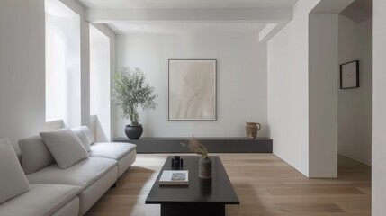 Poster - A living room with a black coffee table and a white couch. The room is very clean and has a minimalist design