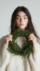 Holiday cheer with cozy winter vibes: model holding a christmas wreath for festive season