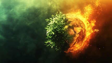 the Earth with half covered in lush greenery and the other half in flames, symbolizing the battle between nature and the destructive forces of climate change