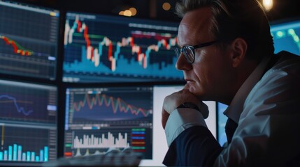 Leinwandbilder - Focused office worker analyzing financial data on multiple screens at a finance company during evening hours