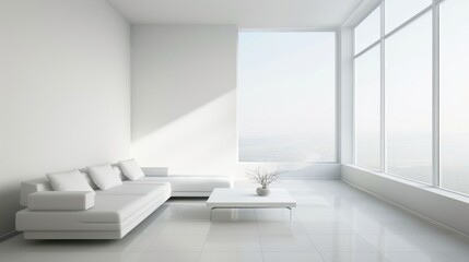 Aufkleber - A white living room with a couch and a coffee table. There is a vase on the coffee table. The room has a clean and minimalist look