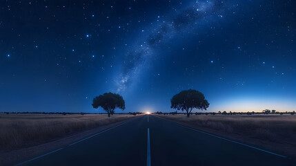 Poster - Starry night sky over a deserted road and trees.