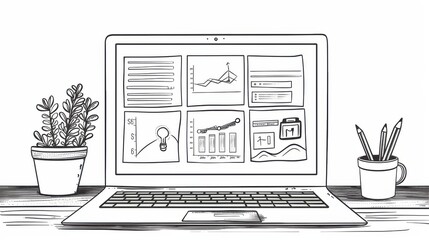 Poster - A minimalist laptop displaying personal finance software with a modern interface and clean lines, set on a stylish desk with plants