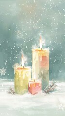 Aufkleber - Hand-drawn pastel candles glowing softly in a snowy winter landscape to celebrate New Year's Eve