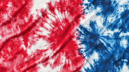 Vibrant tie dye pattern featuring bold red and blue colors on white background, creating striking visual effect. This design evokes sense of creativity and fun