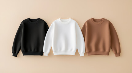 Stylish sweatshirts in black, white, and brown colors displayed against neutral background, perfect for casual wear and layering in any season