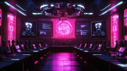 Poster - A neon pink room with a large circular screen in the middle