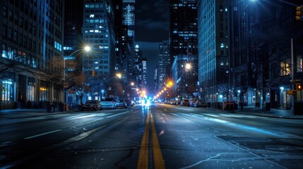 A city street at night with a few cars and a person walking. The street is empty and the lights are on