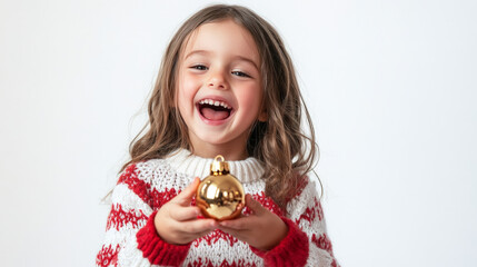 Wall Mural - Joyful young girl holding a jingle bell in festive holiday sweater