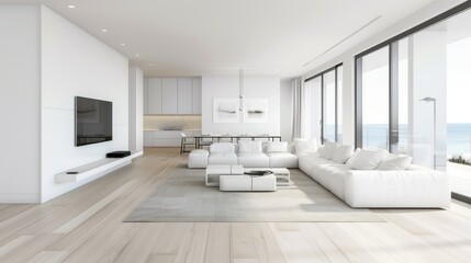 Poster - A large white living room with a white couch, a white coffee table, and a white television. The room has a modern and clean design, with a large window overlooking the ocean. The space is well-lit