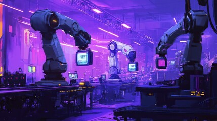 Leinwandbilder - A futuristic industrial setting with robots and computer monitors