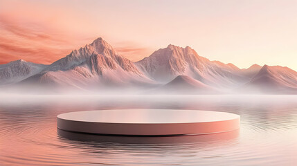 Canvas Print - Serene landscape with a circular platform and misty mountains.