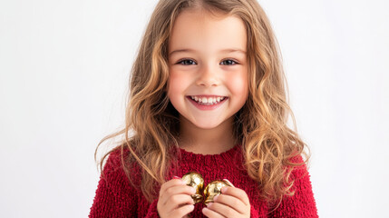 Wall Mural - Joyful young girl with jingle bells celebrating festive cheer