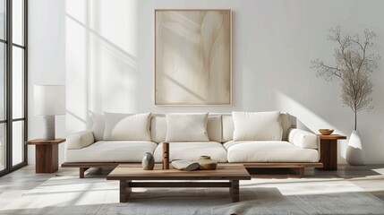 Poster - A white couch is in the middle of a room with a large white framed picture on the wall. The room is very clean and has a modern feel to it