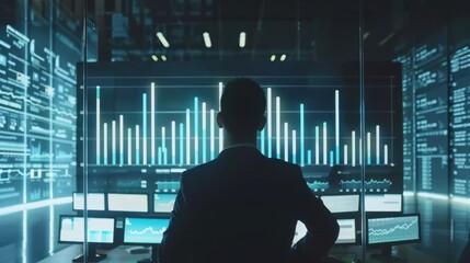 Leinwandbilder - A man is looking at a computer screen with a lot of numbers and graphs. He is wearing a suit and tie