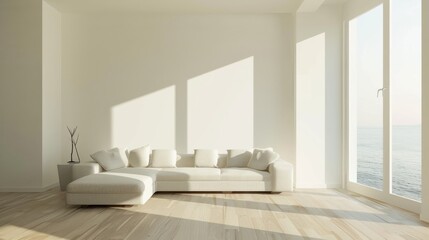 Poster - A large white couch sits in a room with a large window overlooking the ocean. The room is very clean and bright, with a lot of natural light coming in through the window