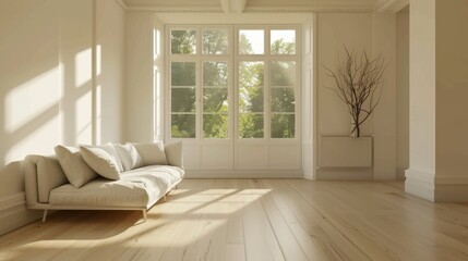 Poster - A large, empty living room with a white couch and a large window. The room is bright and airy, with sunlight streaming in through the window