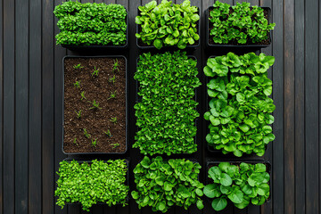 A top view of a vertical farm in an urban setting, where plants grow in stacked layers to maximize space and reduce resource use