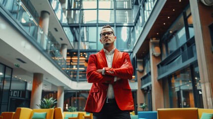 Leinwandbilder - An office worker wearing a bold red blazer poses confidently in a modern workspace with vibrant seating and large windows