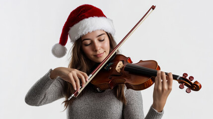 Festive young woman in santa hat playing violin for holiday celebration