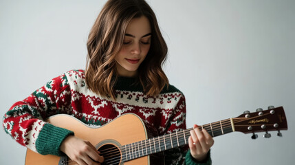 Young woman playing acoustic guitar in festive sweater for musical holiday joy