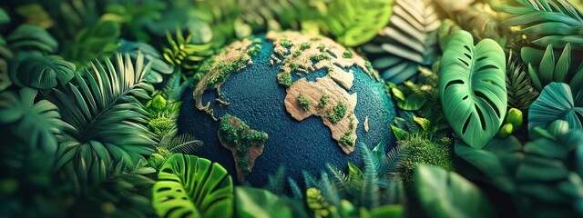 a blue earth surrounded by green leaves