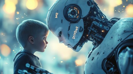Fototapete - A robot and a child are standing next to each other