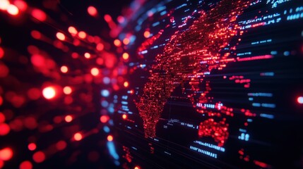 Poster - Abstract visualization of data streams over a globe in red and blue lights.