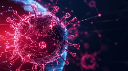 Wall Mural - Microscopic view of a virus in vibrant colors, isolated on a dark background.