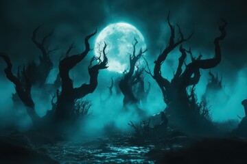 spooky forest under full moon.