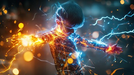 Leinwandbilder - A child generating electricity through double exposure effects illuminated by vibrant sparks and glowing energy in a dynamic display