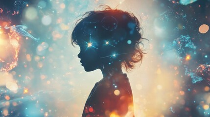 Aufkleber - A child with telekinetic powers surrounded by floating objects and sparkling energy creates a magical atmosphere of wonder and imagination